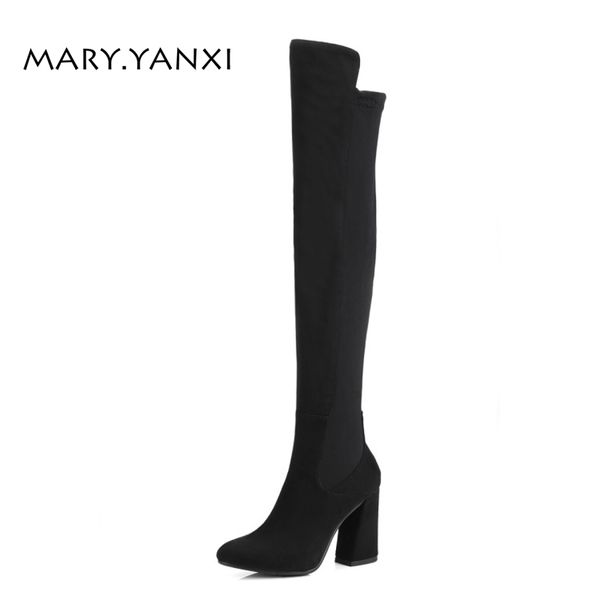 

winter women lady shoes long over-the-knee boots flock nubuck pointed toe big size high heels zipper short plush patchwork, Black