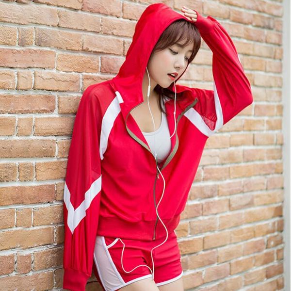 

women's running jackets zipper hooded sportwear yoga fitness sports coat, Black;red