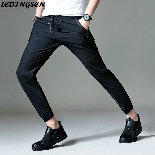 

ledingsen 2018 spring summer casual black pants men stretch elastic waist thin long blue trousers homme size 4xl sweatpants