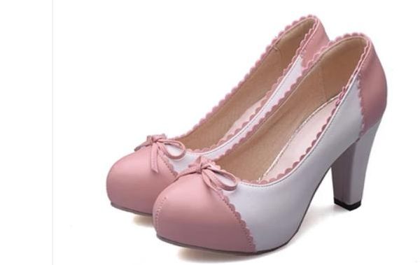 

send 2016 spring bowknot high heel round head coarse heel women's shoes, Black