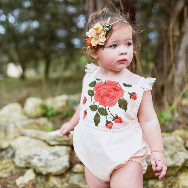 Roupas de verão Romper do bebê Meninas Lace Backless Floral Cotton Rose Impresso Romper recém-nascido bonito Meninas Roupa Kids Clothing Boutique