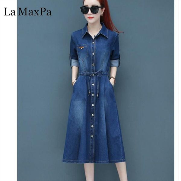 

women denim dress long sleeved casual turn-down collar loose sash dress autumn lady denim blue dresses vestidos de festa, White;black