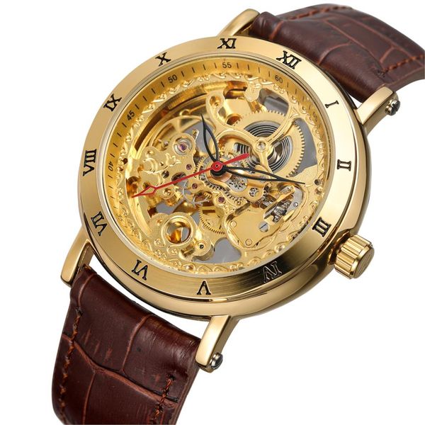 

forsining men watches mechanical skeleton watch golden roman number design hollow out dial clock, Slivery;brown
