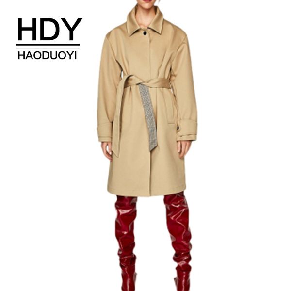 

hdy haoduoyi women outwear turn down collar single breast clothing office lady style sashes long new trench loose, Tan;black