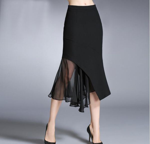 

wholesale-spring and autumn irregular flounce skirt women high waist hip fishtail skirt chiffon ruffles party skirts, Black