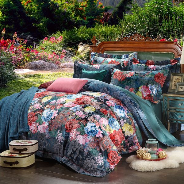 

100% cotton bule jacquard floral luxury bedding sets  king size duvet cover bed sheet set 36