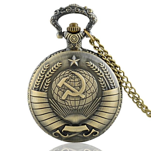 

classic vintage bronze russia soviet sickle hammer quartz pocket watch retro men women necklace pendant jewelry gifts, Slivery;golden