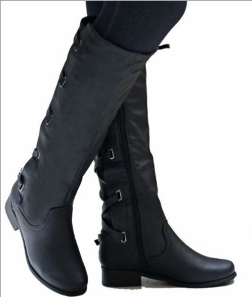 

winter women's knee high boots pu leather motorcycle martin boots shoes woman cross-tied low heels long boots, Black