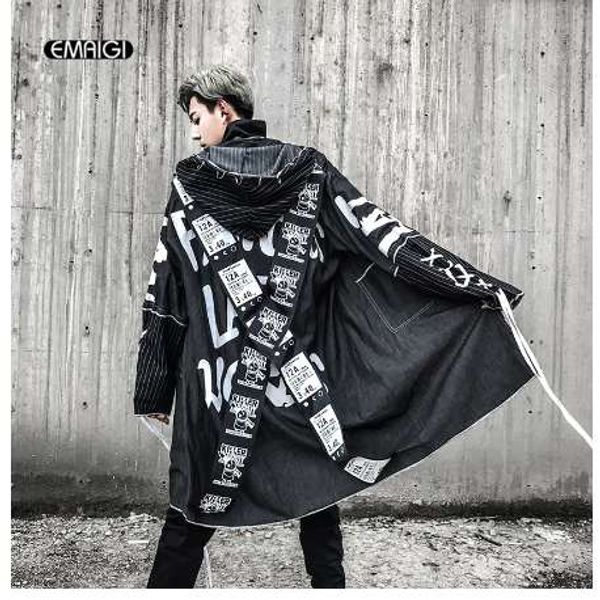 

cross ribbon overcoats men high street fashion printing hip hop punk style long hooded trench jacket male loose coat, Tan;black