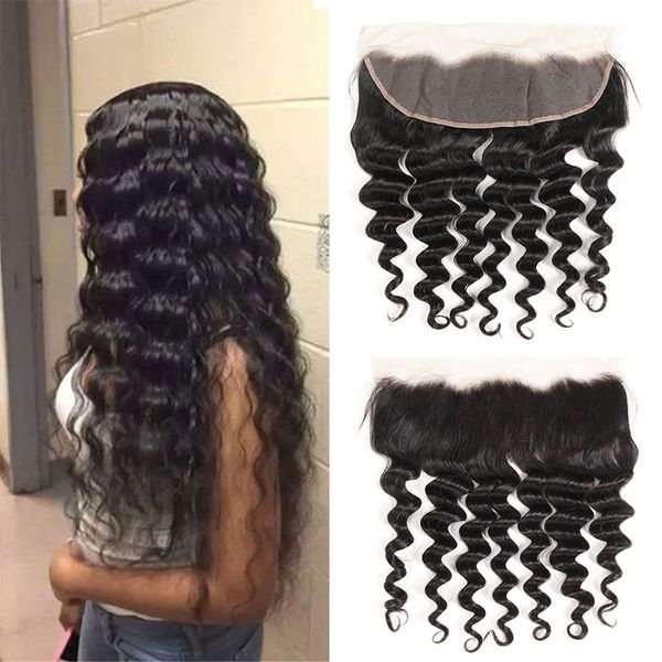 

brazilian virgin human hair bundles frontal loose deep wave ear to ear pre plucked lace frontal closure with 3 bundles hair extensions, Black;brown