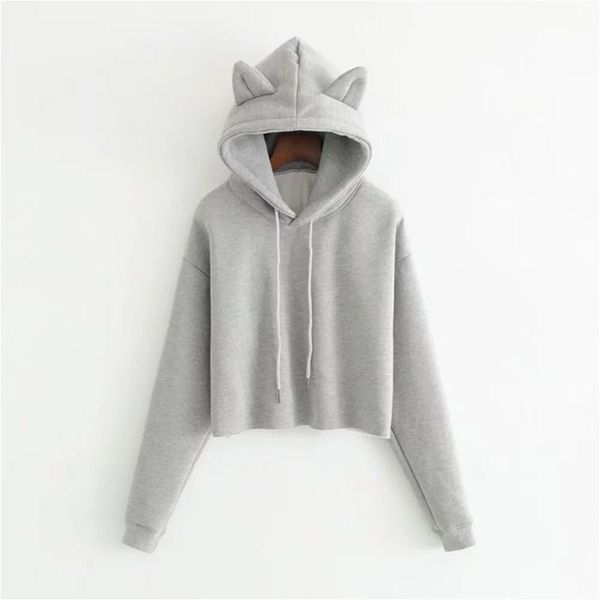 

women kitten ears lovely sweatshirt autumn winter long sleeve crop short plus velvet hooded hoodies, Black