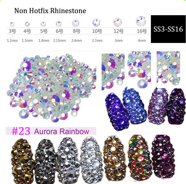 

aurora rainbow color nail rhinestones 8 sizes ss3-ss16 1440pcs nail art decoration flatback glass stones non fix rhinestones, Silver;gold