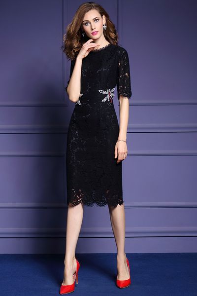 

green black lace pattern office dress work dress knee length day winter women autumn formal elegant office dress for ladies, White;black