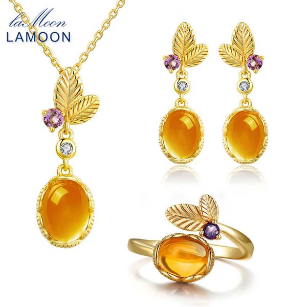 

lamoon jewelry sets 925 sterling silver jewelry classic flower 100% natural citrine yellow amber fashion women's plants chalker, Black