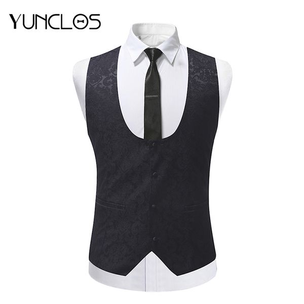 

yunclos 2018 o-neck slim fit men suit vest wedding party men's suit vest and waistcoat formal casual jacquard colete masculino, Black;white