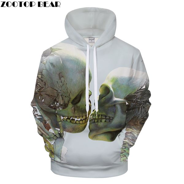 

double skull 3d print hoodies men women tracksuit summer casual long sleeve sweatshirt pullover 2018 new drop ship, Black