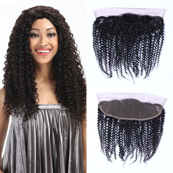 

brazilian kinky curly human hair lace frontal closure 13*4 with baby hair nature color swiss lace frontals, Black;brown