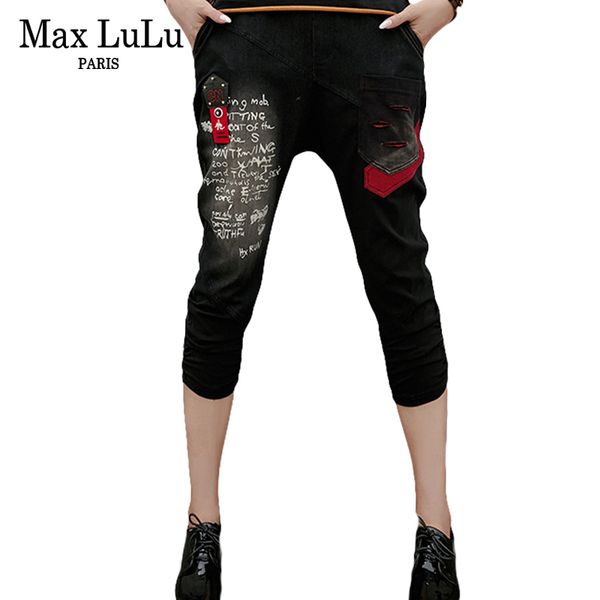

max luxury punk style girls fashion harem pants womens black printed skinny jeans mujer ripped woman vintage denim trousers, Blue