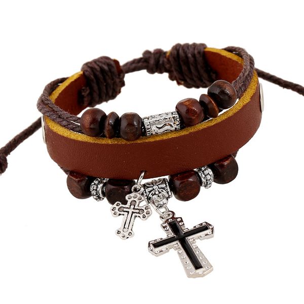 

multilayer leather bracelets for women mens friend gift with mood beaded wristlet adjustable chtistian religious cross charm bracelet black, Golden;silver