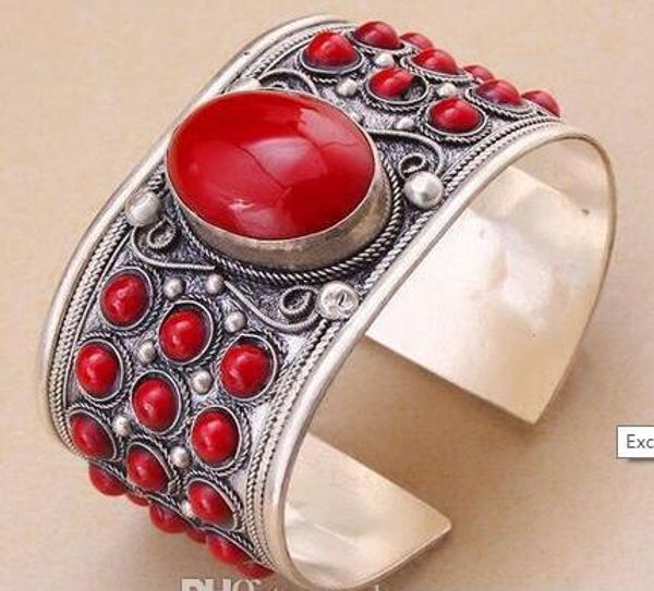 Ausgezeichnetes rotes Howlith-Türkis-Perlen-Manschettenarmband aus Tibet-Silberschmuck für Damen