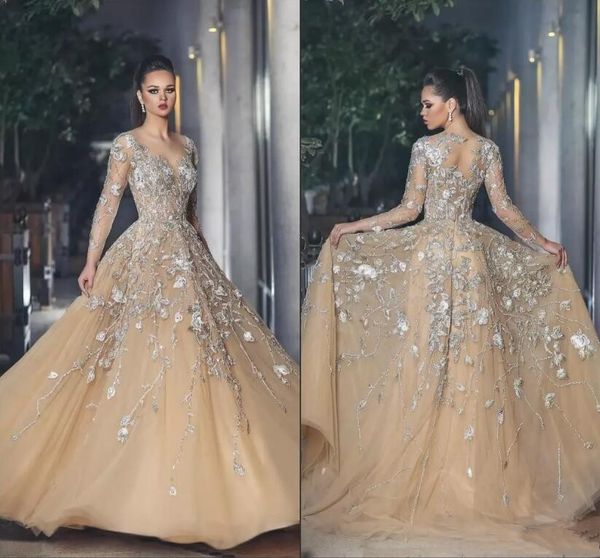 

dark champagne 2018 new long prom dresses lace appliqued sheer long sleeves a line tulle pageant gowns luxury prom evening women wear, Black