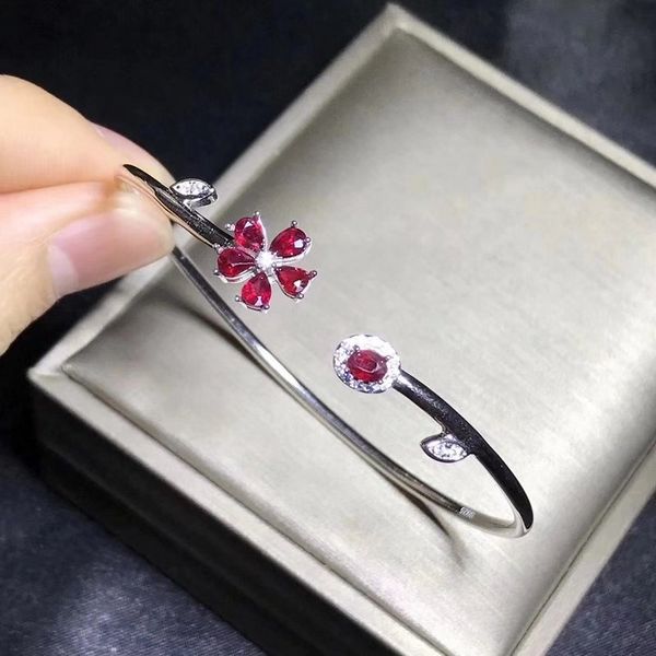 

fidelity natural 3*4mm ruby s925 sterling silver bangles flowers fine jewelry gift for women party natural red gemstone, Golden;silver