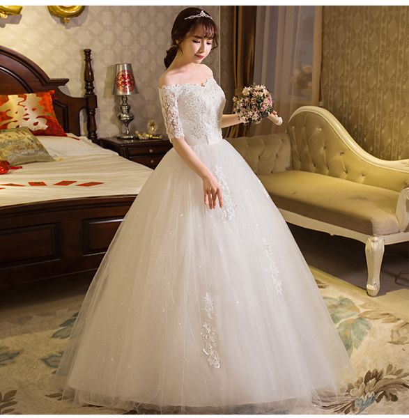 

real p wedding dress 2017 autumn half sleeve boat neck lace appliques ball gown off the shoulder princess vestidos de novia, White