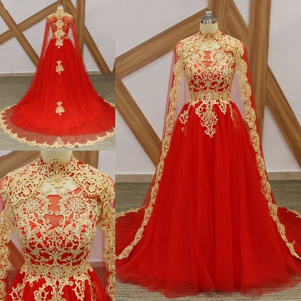 

Elegant red high neck arabic long prom dre e with cape middle ea t applique beaded formal prom gown robe de bal evening dre e