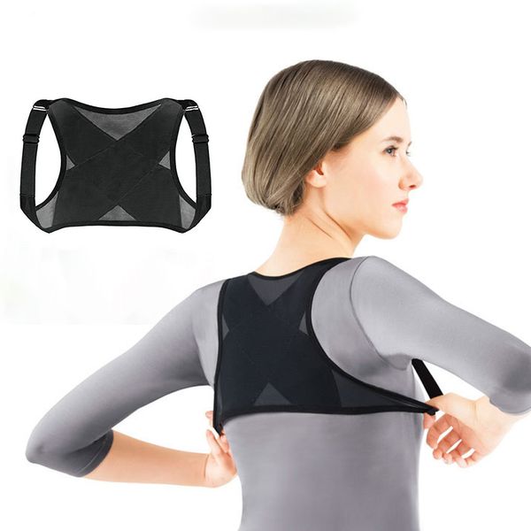 

adjustable posture corrector brace net breathable back spine support belt humpback shoulder women posture correction belt, Black;blue