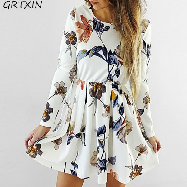 

fashion floral print pleated dresses 2018 spring long sleeve elastic waist women dress casual o neck mini dress vestidos, White;black