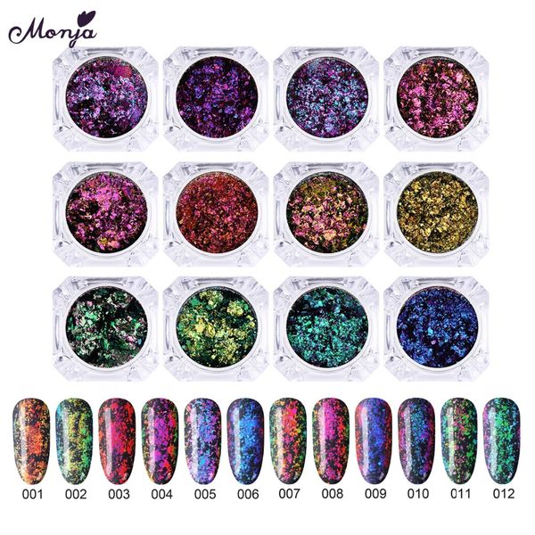 

monja 12 colors chameleon nail glitter powder dust irregular flake sequins chrome pigment manicure 3d decorations sponge stick, Silver;gold