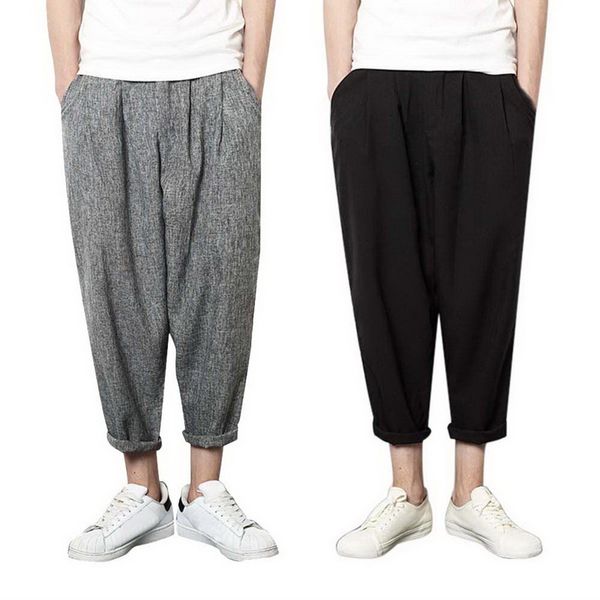 

5xl solid men linen harem pants casual pencil sweatpants summer pantalones hombre male loose elastic waist trouser plus size, Black