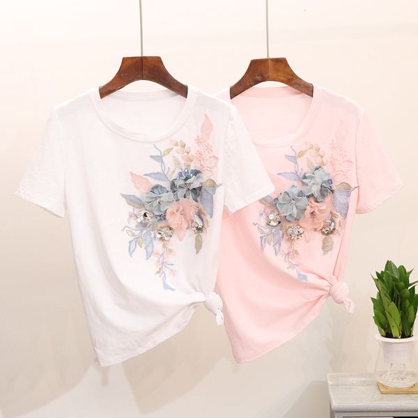 

2018 summer women t shirt 3d floral embroidery tshirt cotton, White