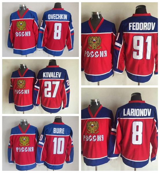 

vintage 8 alexander ovechkin 10 pavel bure 91 sergei fedorov 27 alex kovalev 8 igor larionov 2002 team russia olympic hockey jersey, Black;red