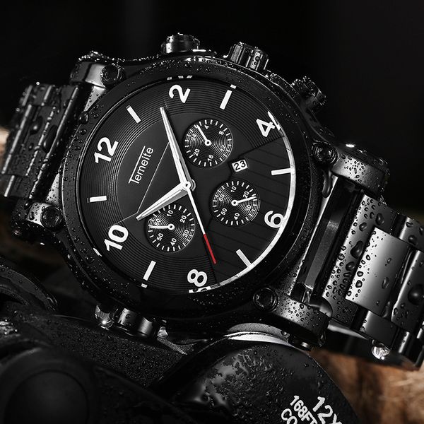 

temeite oversize watch for men 3 small sub-dials decoration dial black cool calendar clock wristwatch, Slivery;brown