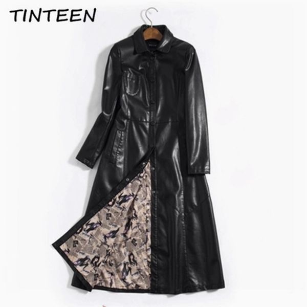 

tinteen 2018 spring autumn vintage pu long leather coat black leather jacket women 5xl plus size jaqueta couro feminina gc554