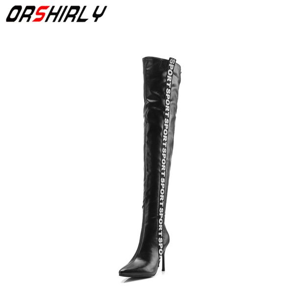 

orshirly over-the-knee motorcycle women boots super high thin heels thigh high boot autumn/early winter handmade for ladies, Black