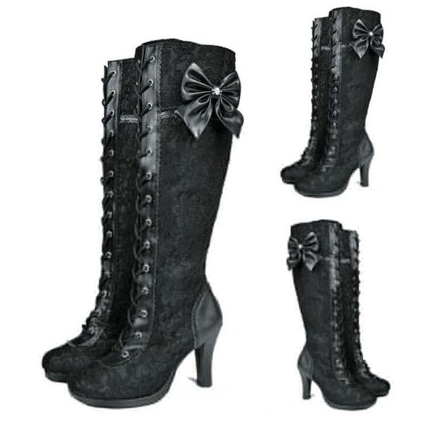 

women black lace knee high boot gothic cosplay tall boots lace up high heel boots bowknot casual boots big size