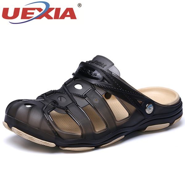 

uexia men sandals summer style men beach shoes hollow slippers hole breathable flip flops non slip sandals clogs outside, Black