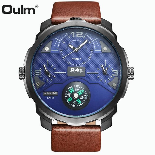 

oulm outdoor sports compass quartz watch men 3 time zones blue dial oversize fashion waterproof wrist watches, Slivery;brown