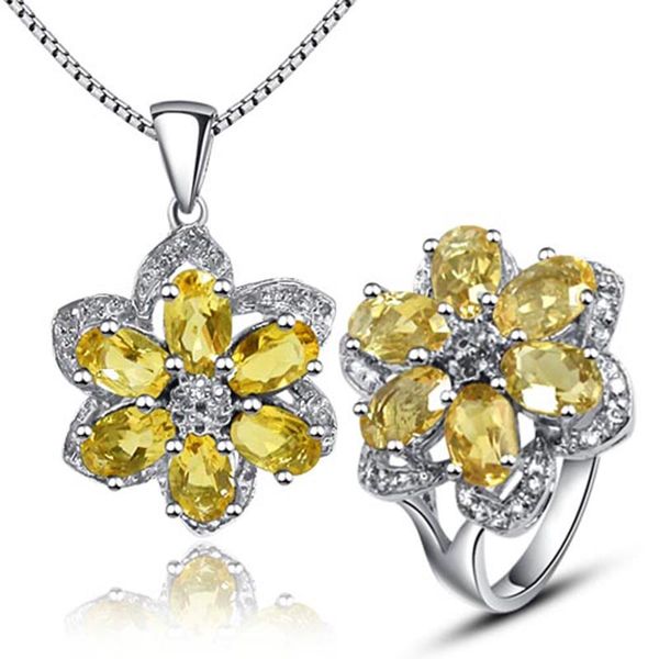 

luxurious gemstone pendant and ring set natural citrine crystal solid 925 silver yellow citrine stone jewelry set romantic gift, Black