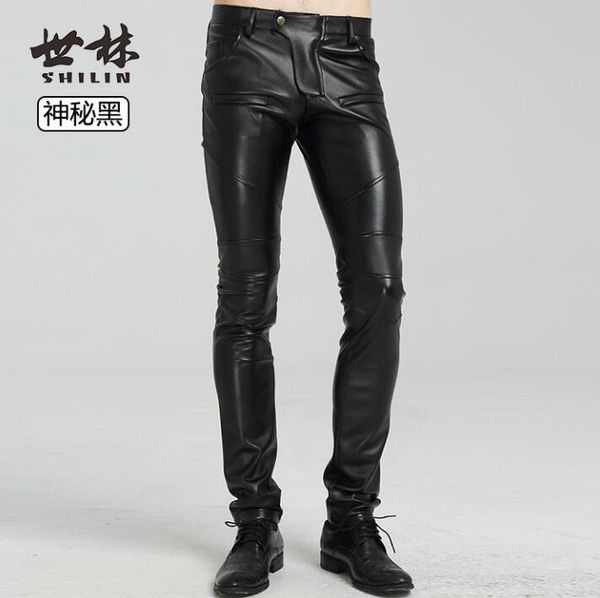 

spring autumn warm personality fashion motorcycle faux leather pants mens feet pants pu trousers men pantalon homme black youth