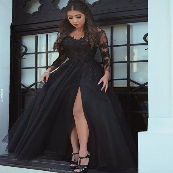 

современные длинные рукава сторона щели платье выпускного вечера с кружевной шифон линия вечерняя одежда abiball платья, Black