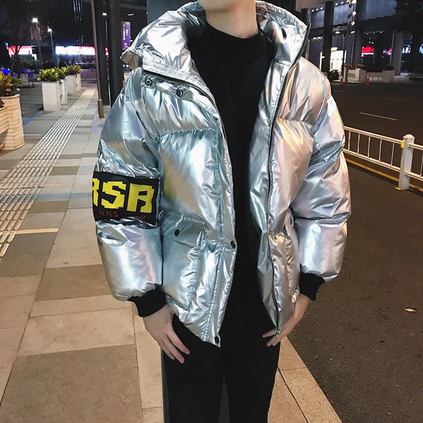 

2018 men winter warm parkas hip hop fashion casual bright silver thick parka jackets coats male streetwear solid outwear, Black