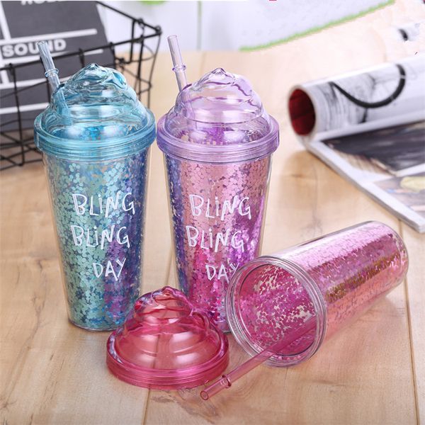 

summer colorful cool cold ice fashion ice cup double plastic straw cup couple gift cup water juice bottles drinkware t2i227