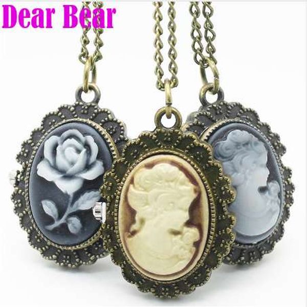 

(4003) vintage lady cameo pocket watch necklace pendant, Slivery;golden