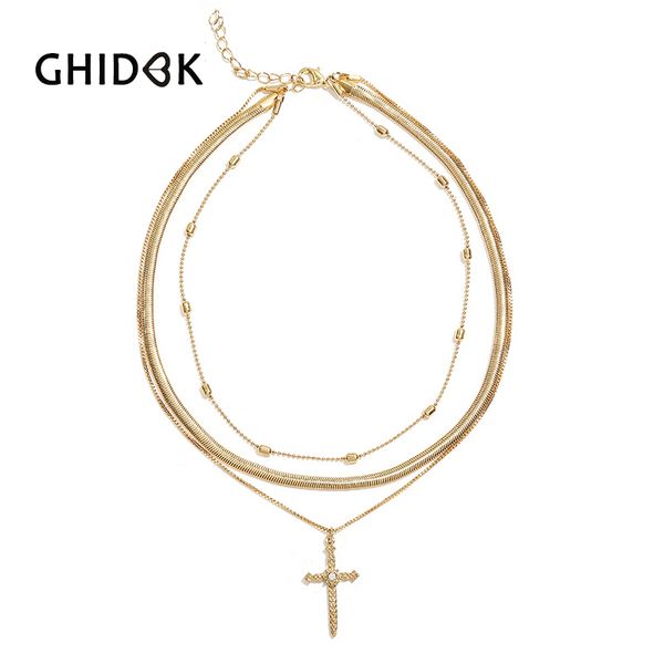 

ghidbk gold color three layered chokers necklaces for women beaded chain choker hanging crystal cross necklaces delicate jewelry, Golden;silver