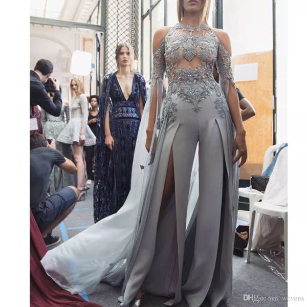 

fashion grey illusion evening outfit jewel neck lace appliques sequined front split celebrity party gown long sleeve prom pageant dress, Black;red