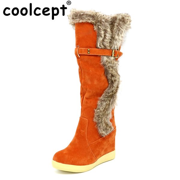 

coolcept fur warm knee high boots women lady fashion snow russia winter footwear wedge shoes warm half boot p7879 size 34-39, Black