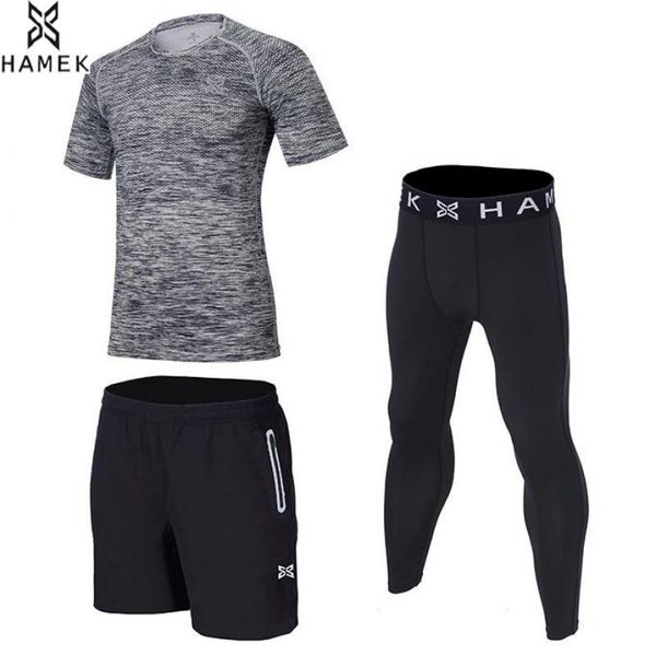 

wholesale-hamek new men's three-piece running suit sportswear basketball training fitness compression tight shirts+pants+shorts 3 pcs s, Black;blue